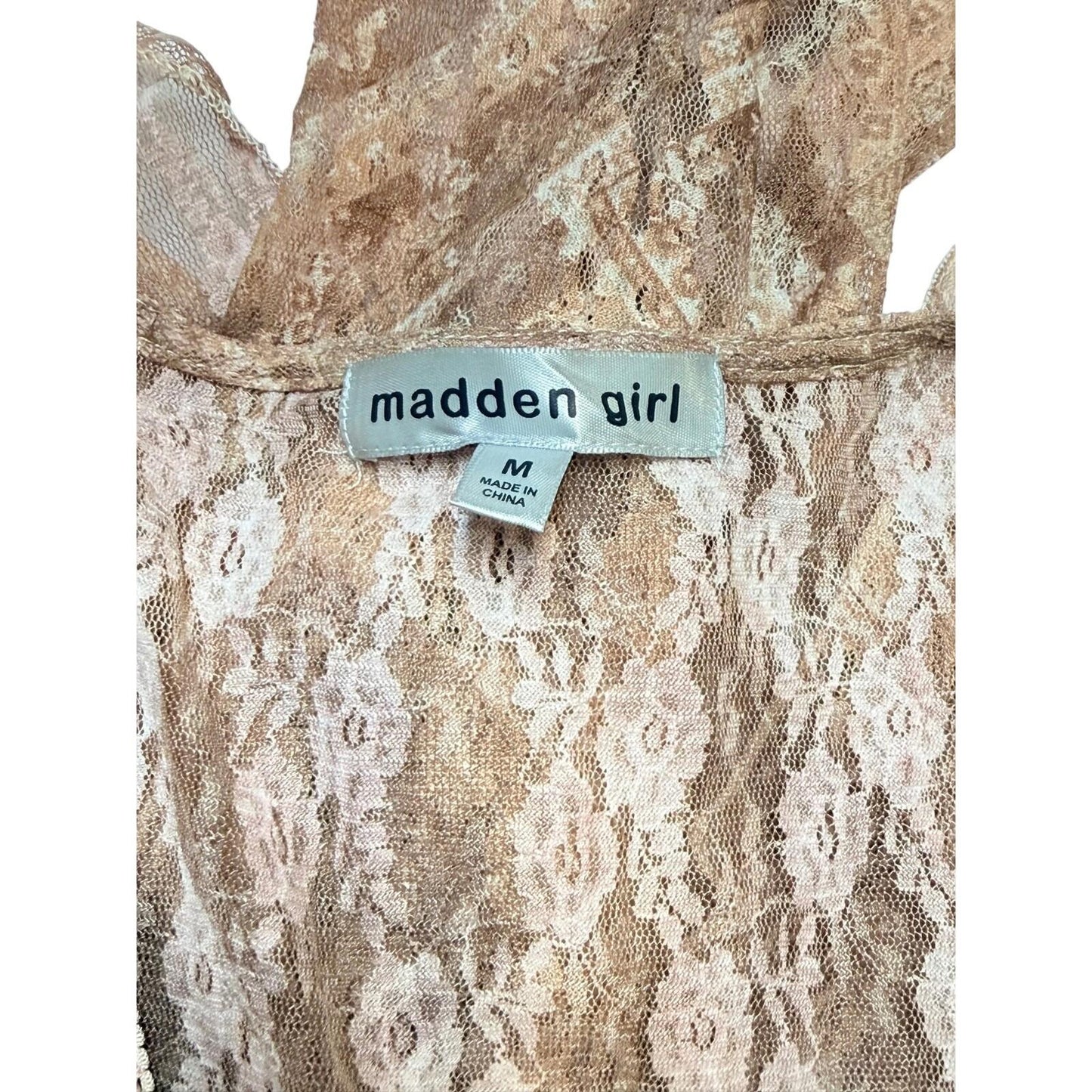 Madden Girl Sheer Lace Long Sleeve Top Brown Y2K Boho Floral Blouse Size M
