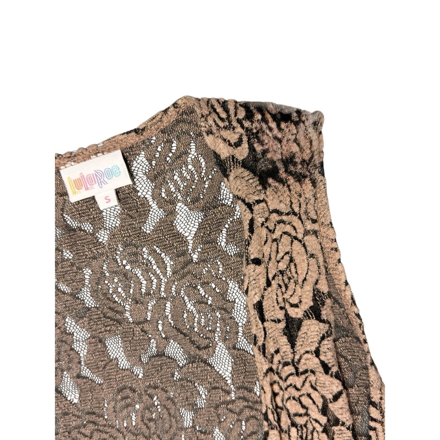 LuLaRoe Women's Lace Duster Vest Size SBrown Floral Sleeveless Open Front