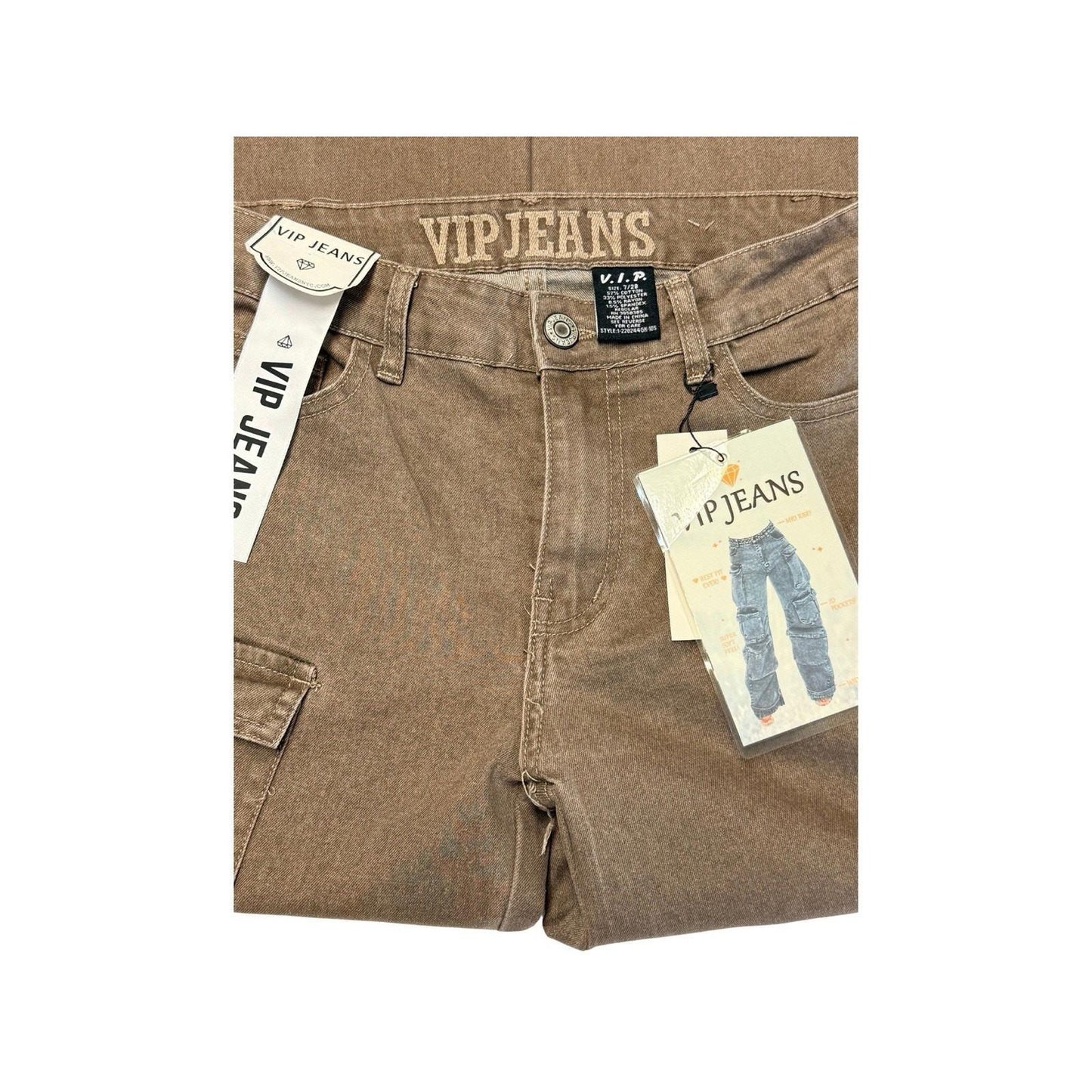 VIP Jeans Brown Cargo Pants Women Size 7/28 Wide Leg Y2K Streetwear NWT Vintage