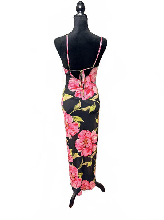 Persaya Black Floral Midi Dress with Pink and Yellow Flowers