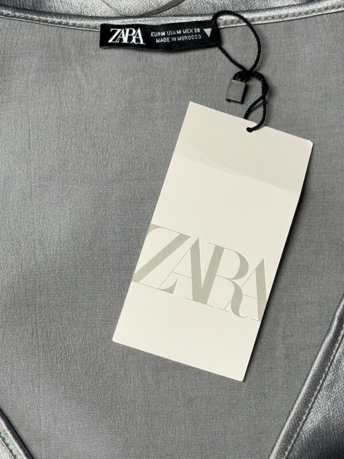 NWT Zara Silver Satin Mini Dress Tie Front V-Neck Long Sleeve Y2K Party M