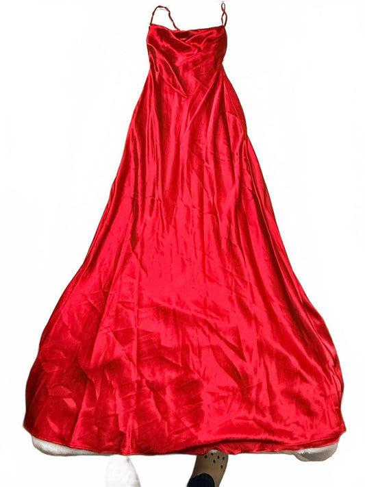 Morgan & Co Red Satin Maxi Dress Cowl Neck Lace Up Back Prom Formal Gown XS Y2K