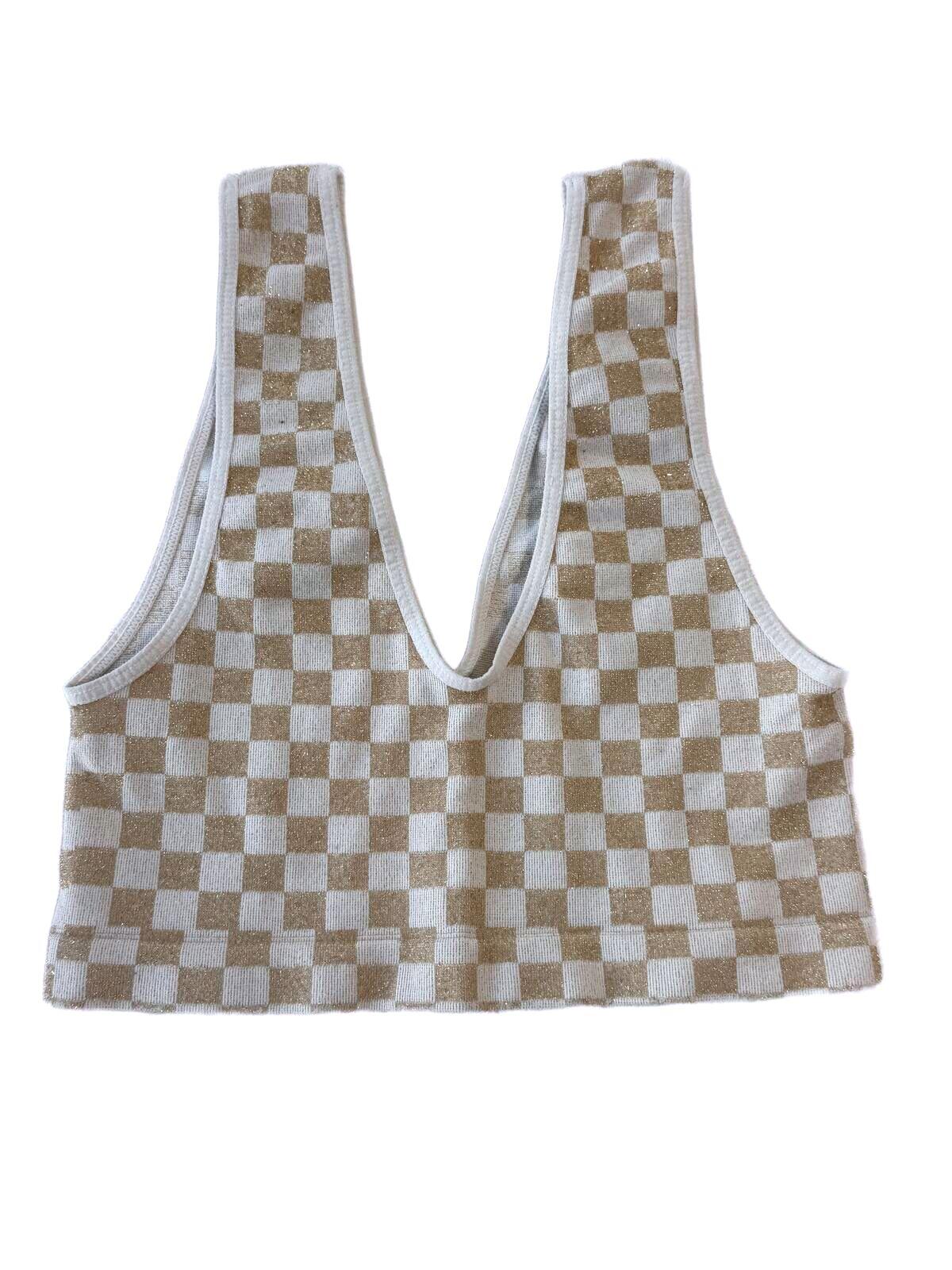 Free People Checkered Knit Crop Top V Neck Sleeveless Sweater Vest Brown Plaid