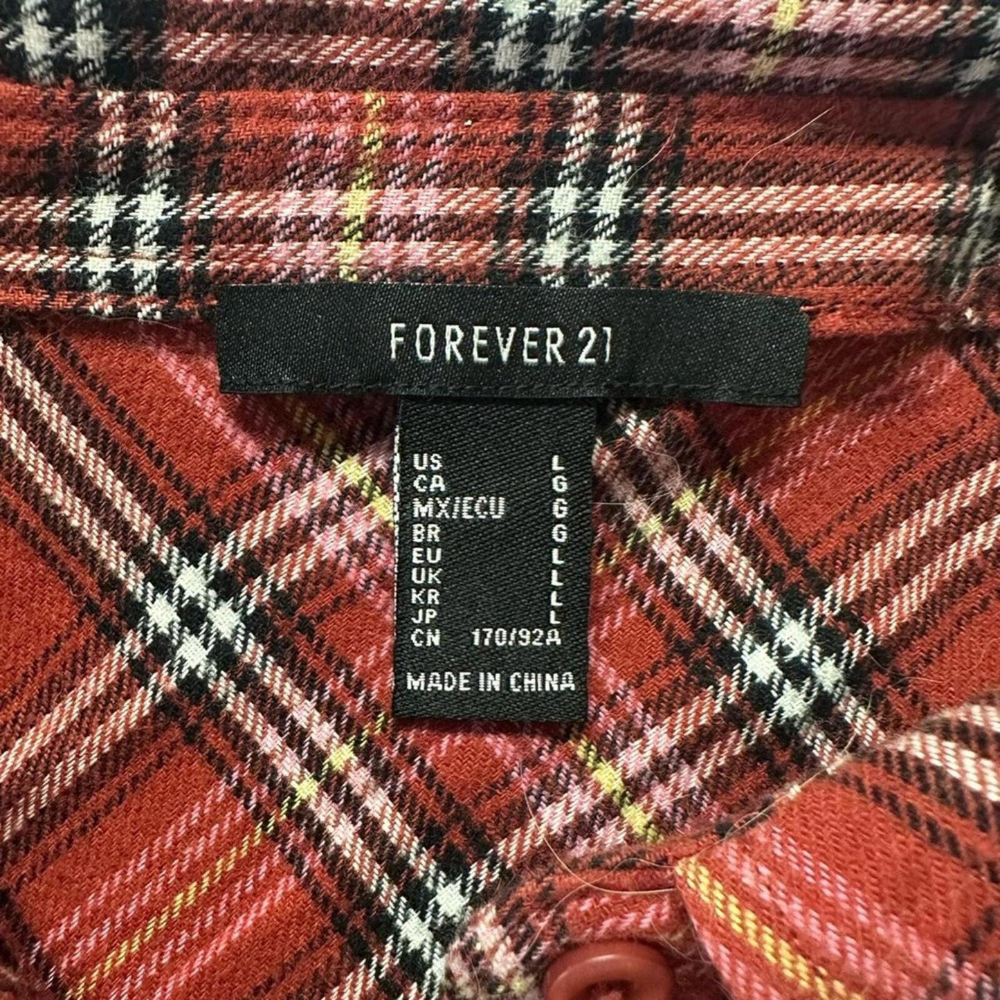 Forever 21 Red Plaid Cropped Button-Up Shirt, Size Large