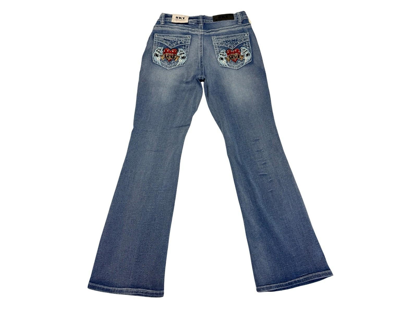 SKY Premium Bootcut Jeans Womens 9 Embroidered Winged Heart Pockets Super Soft