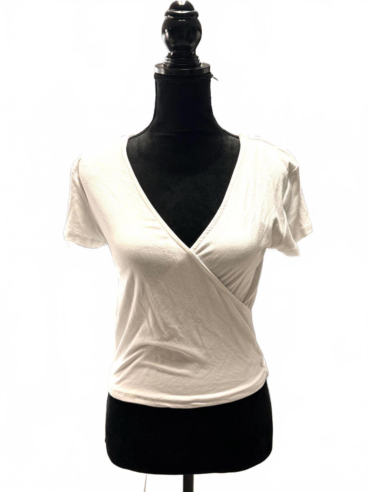 MI Collections White Wrap Top V-Neck Short Sleeve Draped Minimalist Blouse L