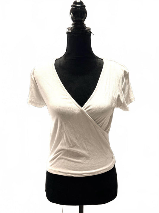 MI Collections White Wrap Top V-Neck Short Sleeve Draped Minimalist Blouse L