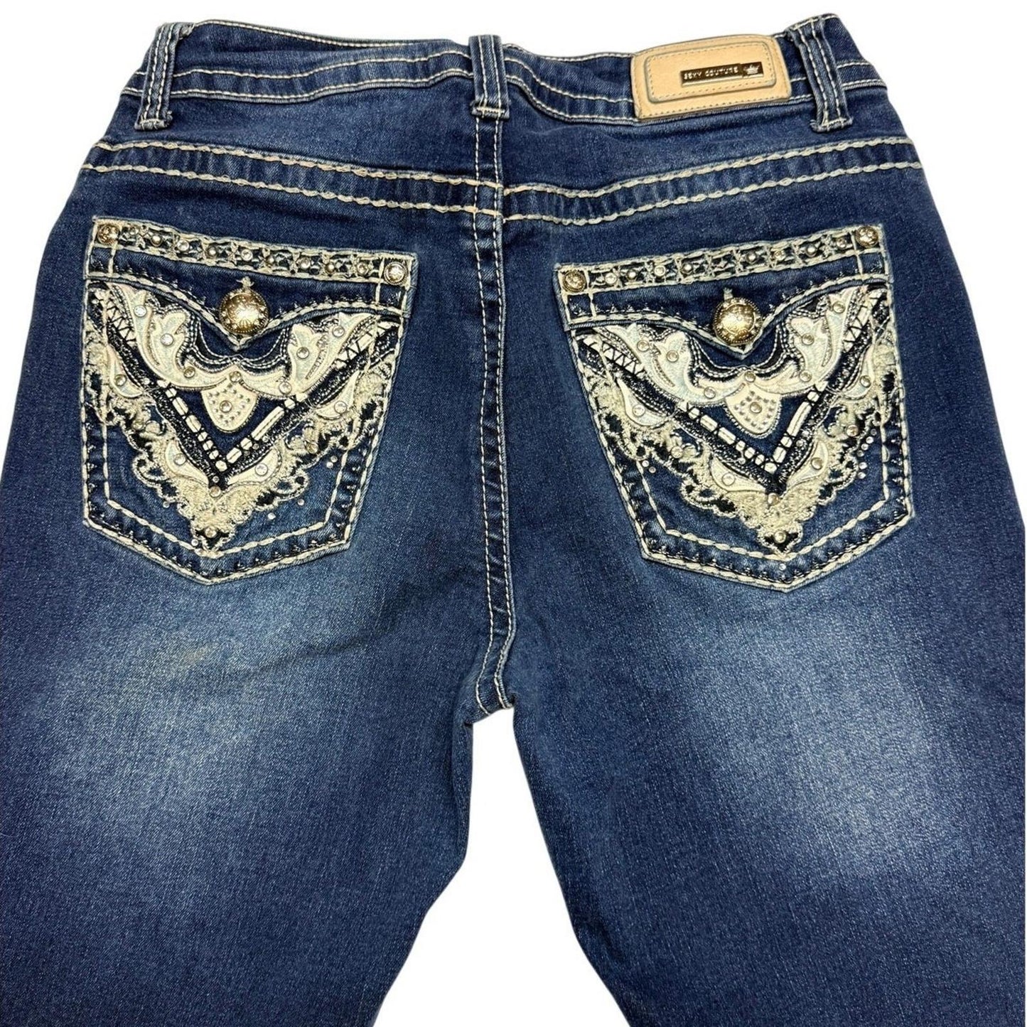 Embellished Bootcut Jeans Womens Dark Wash Rhinestone Embroidered Pockets Y2K