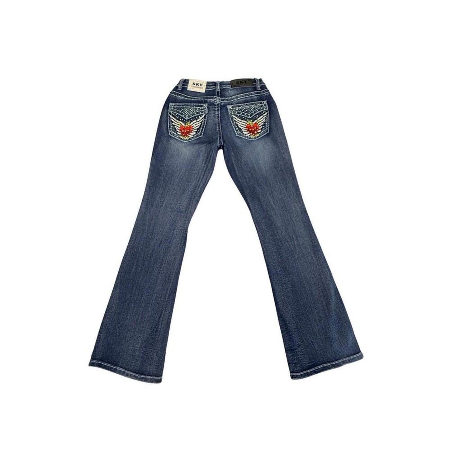 SKY Low Rise Bootcut Jeans Women Rhinestone Wing Heart Pockets NWT Size 7 Y2K