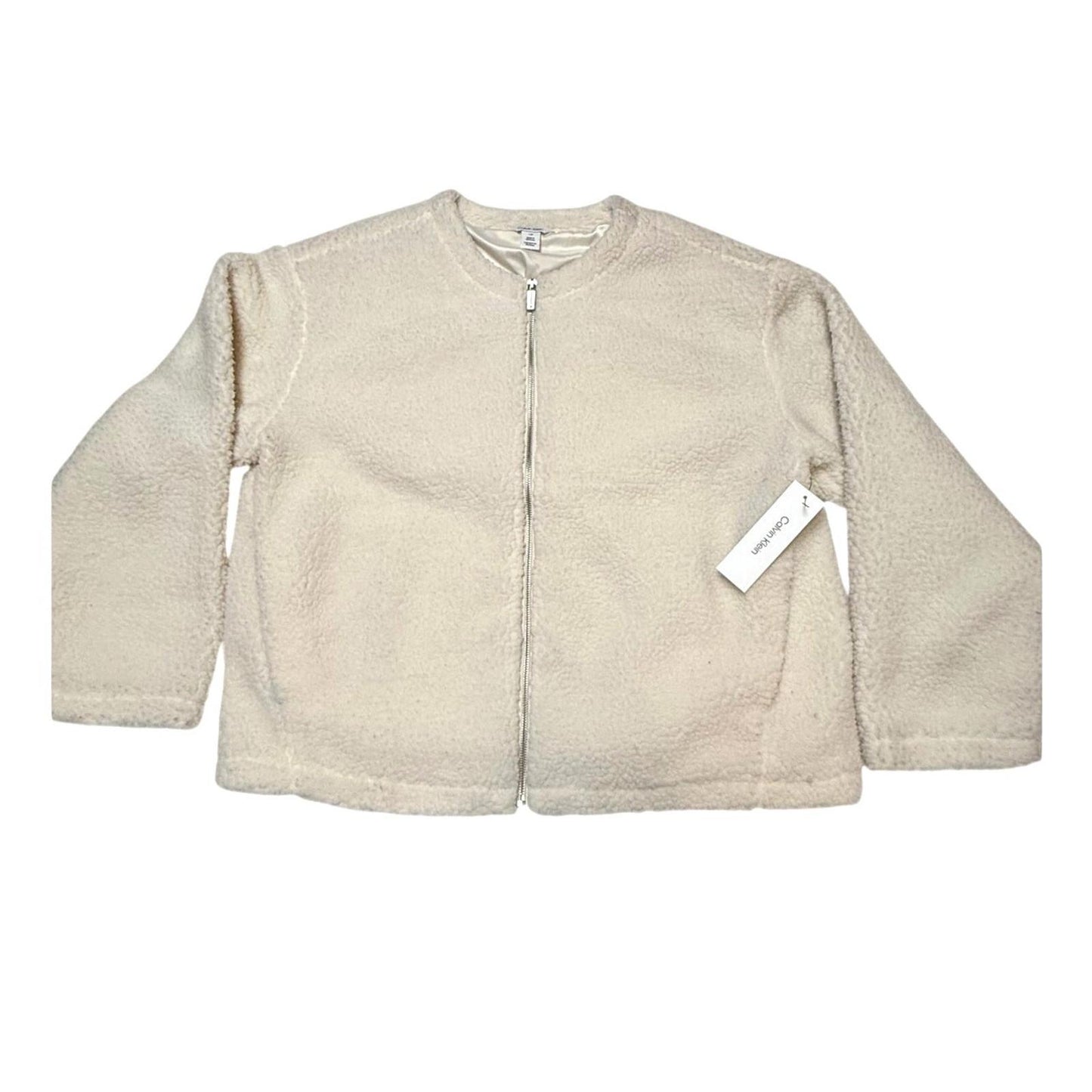 Calvin Klein Sherpa Fleece Jacket Womens L Cream Full Zip Teddy