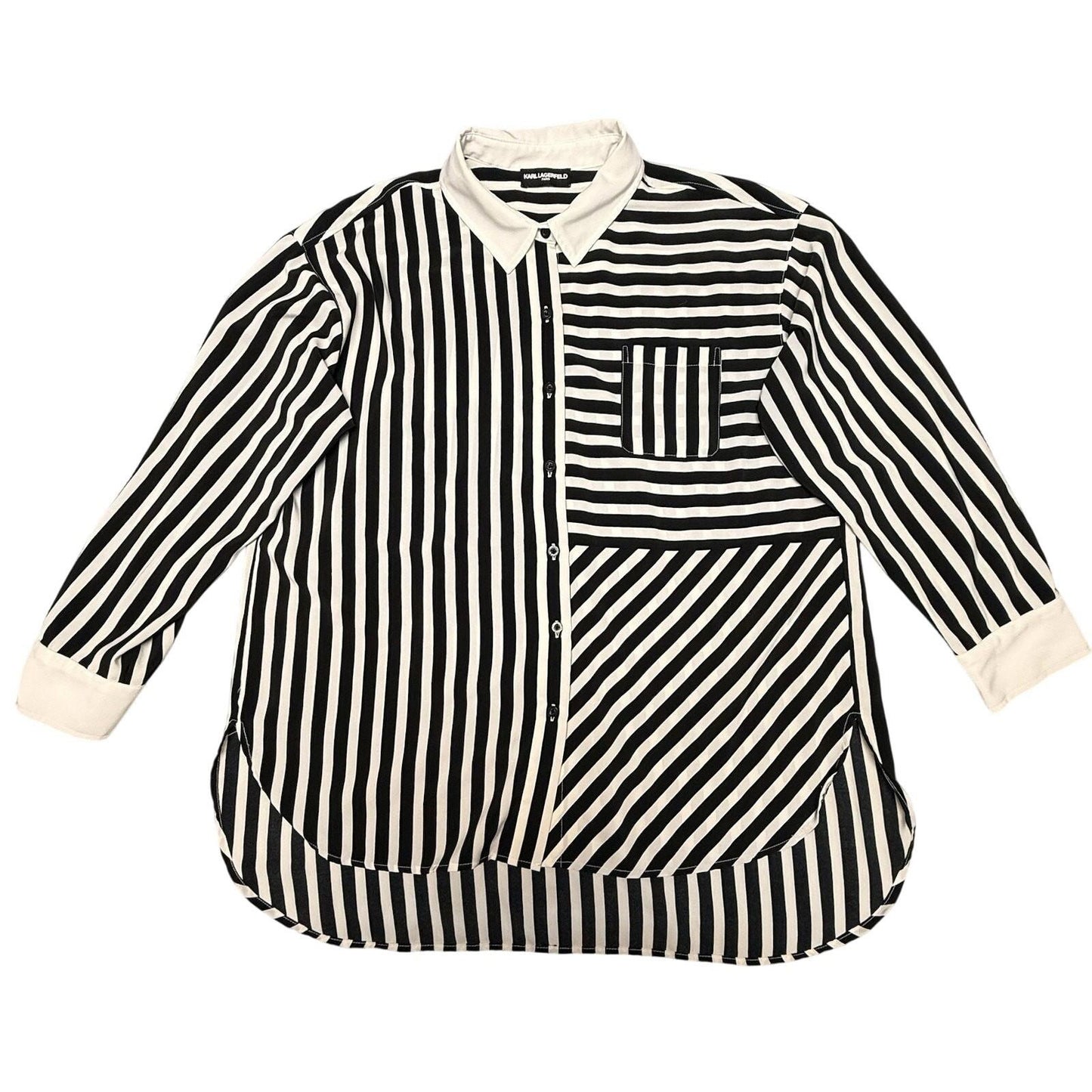 Karl Lagerfeld Paris Women's Striped Button Up Shirt Black White Size L Women’s