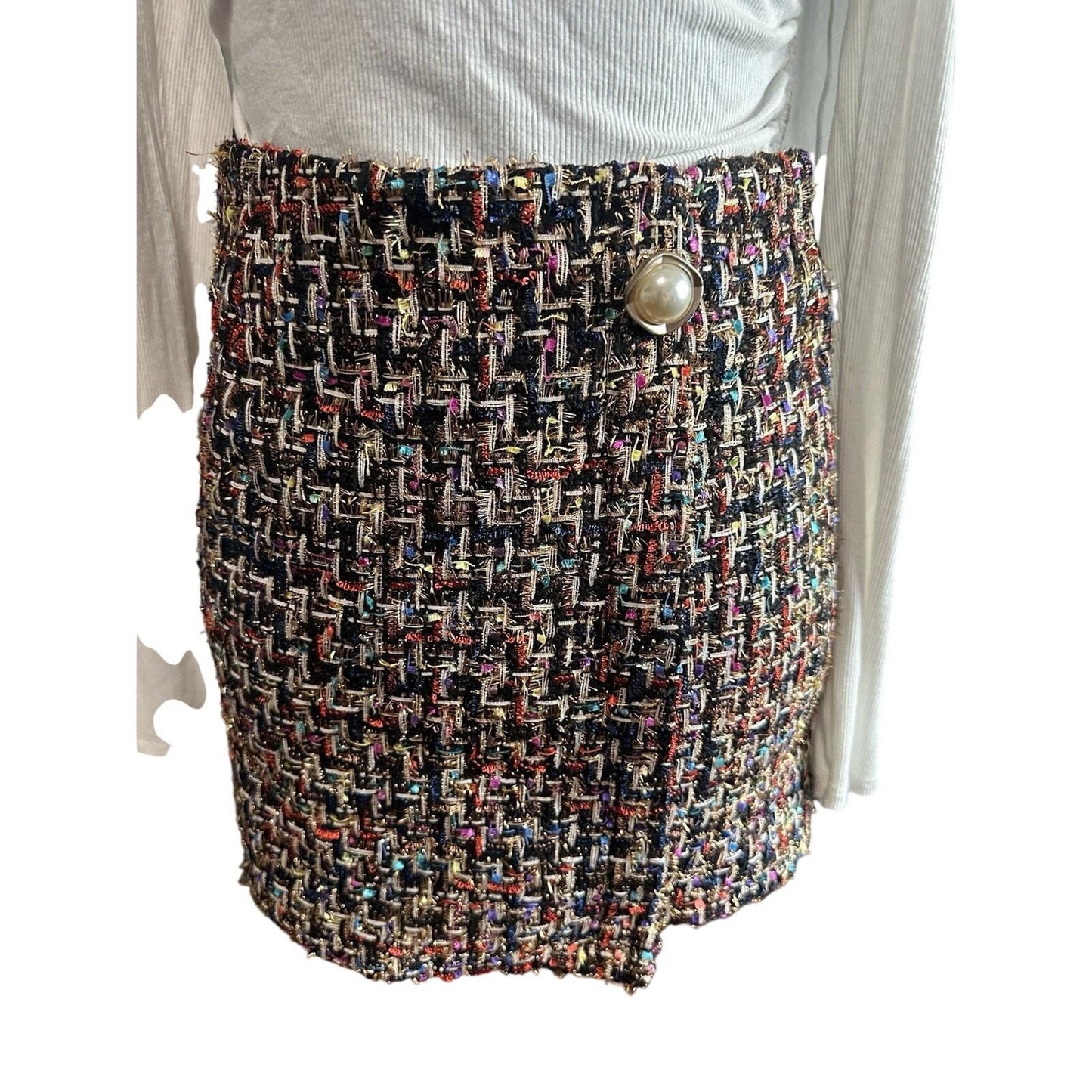 Plaid Double Breasted Tweed Straight Mini Skirt Black White Women Size Medium