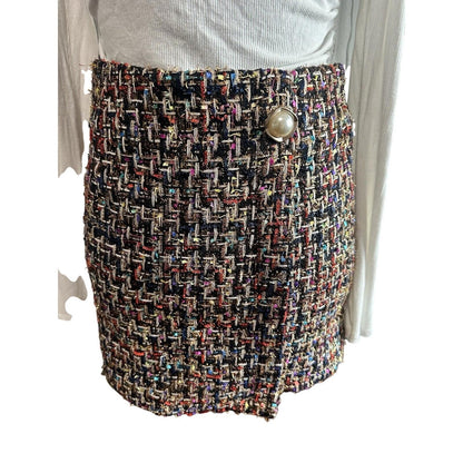 Plaid Double Breasted Tweed Straight Mini Skirt Black White Women Size Medium