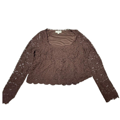 La Peche Brown Lace Long Sleeve Crop Top Women’s XL Sheer Floral Blouse Y2K
