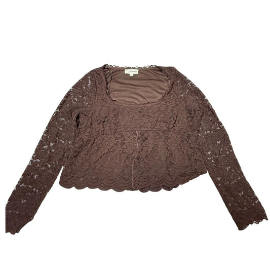 La Peche Brown Lace Long Sleeve Crop Top Women’s XL Sheer Floral Blouse Y2K