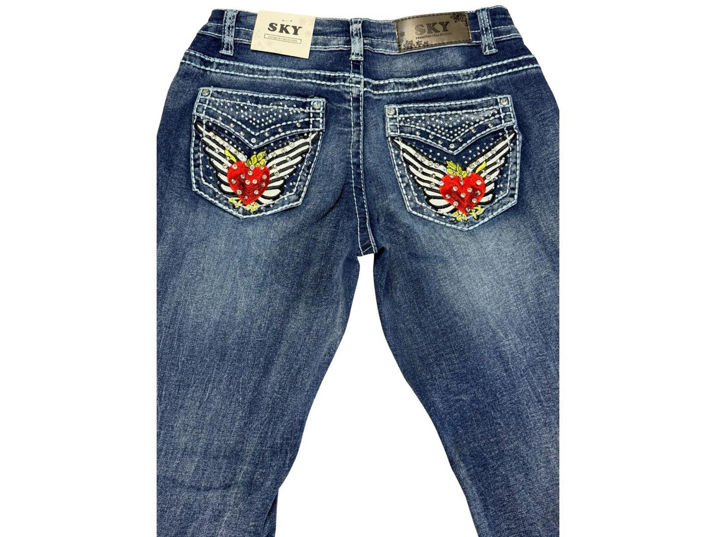 SKY Low Rise Bootcut Jeans Womens Size 9/29 Rhinestone Heart Wings NWT Denim
