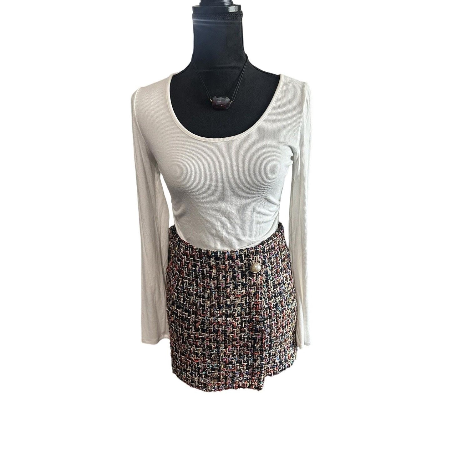 Plaid Double Breasted Tweed Straight Mini Skirt Black White Women Size Medium