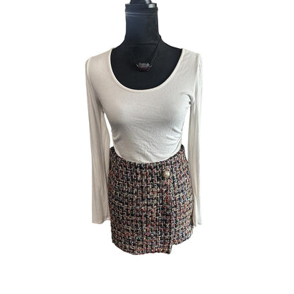 Plaid Double Breasted Tweed Straight Mini Skirt Black White Women Size Medium