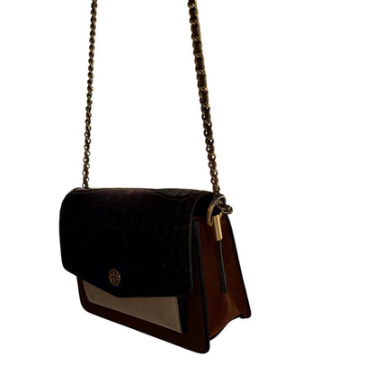 Tory Burch Black Brown Croc Embossed Leather ChainCrossbody Bag Purse