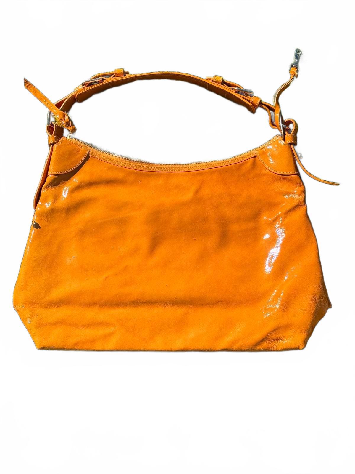 Dooney & Bourke Orange Patent Leather Hobo Shoulder Bag Pink Lining Vintage