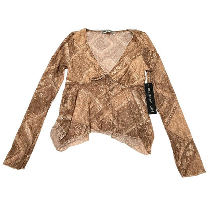 Madden Girl Sheer Lace Long Sleeve Top Brown Y2K Boho Floral Blouse Size M