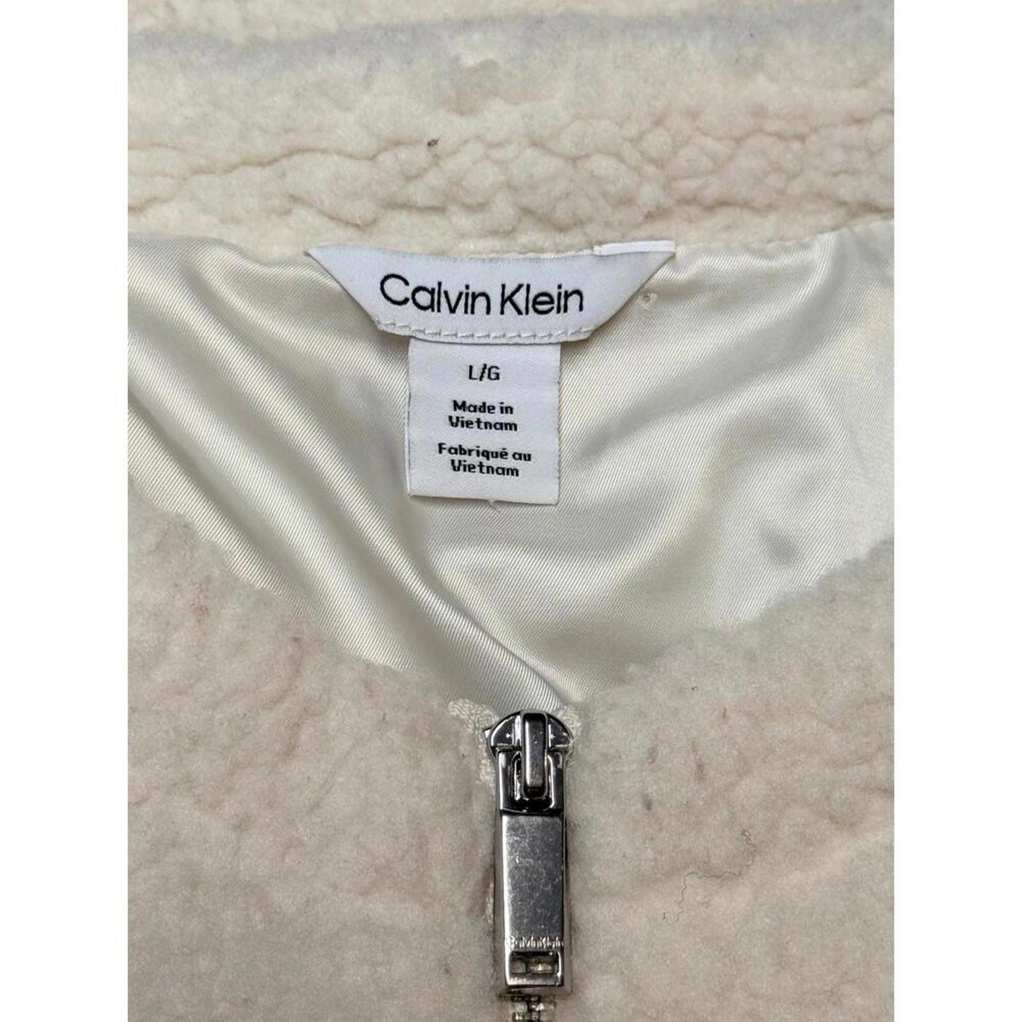 Calvin Klein Sherpa Fleece Jacket Womens L Cream Full Zip Teddy Coat Cozy Winter