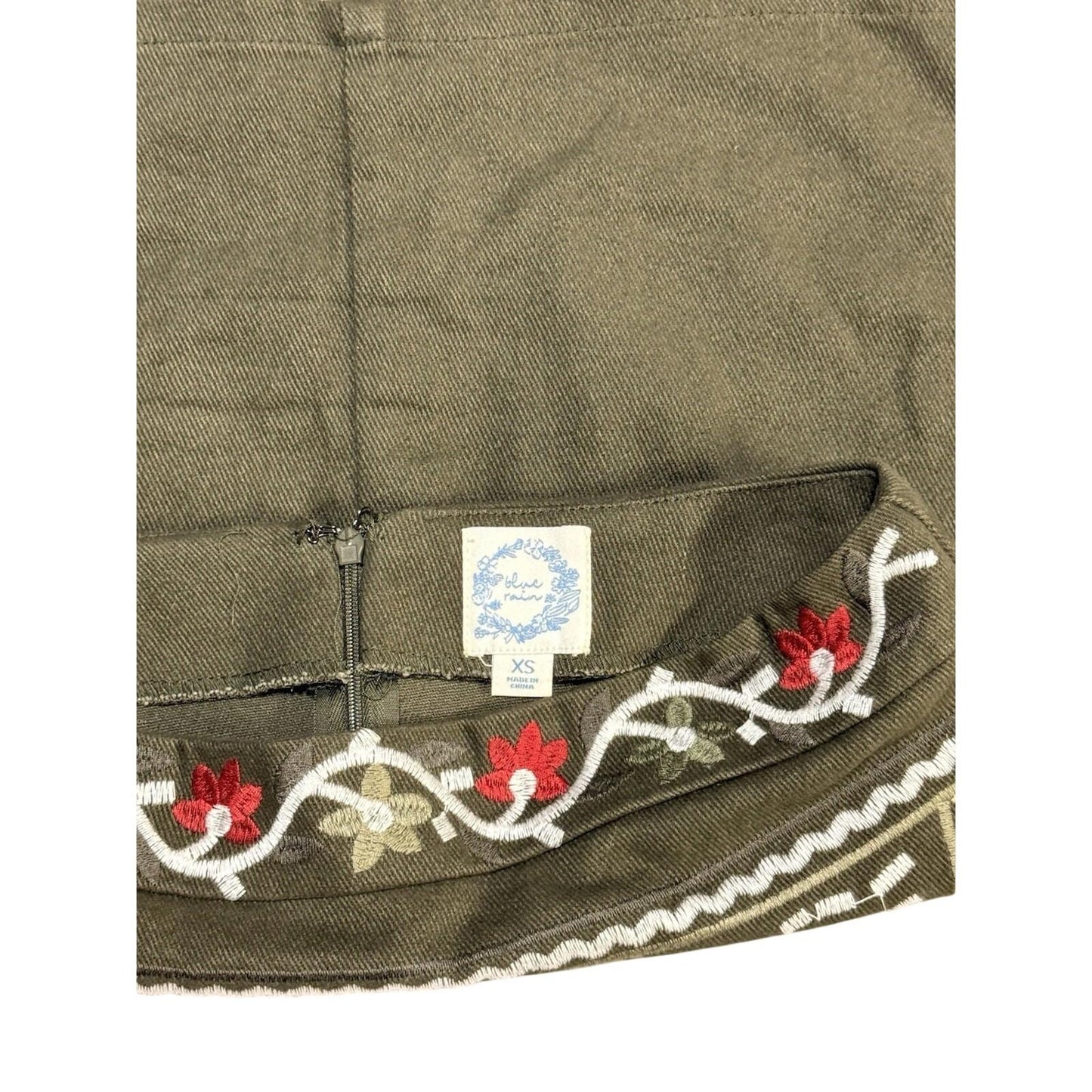 Blue Rain Womens XS Olive Green Embroidered Mini Skirt Boho Floral Folk Women’s