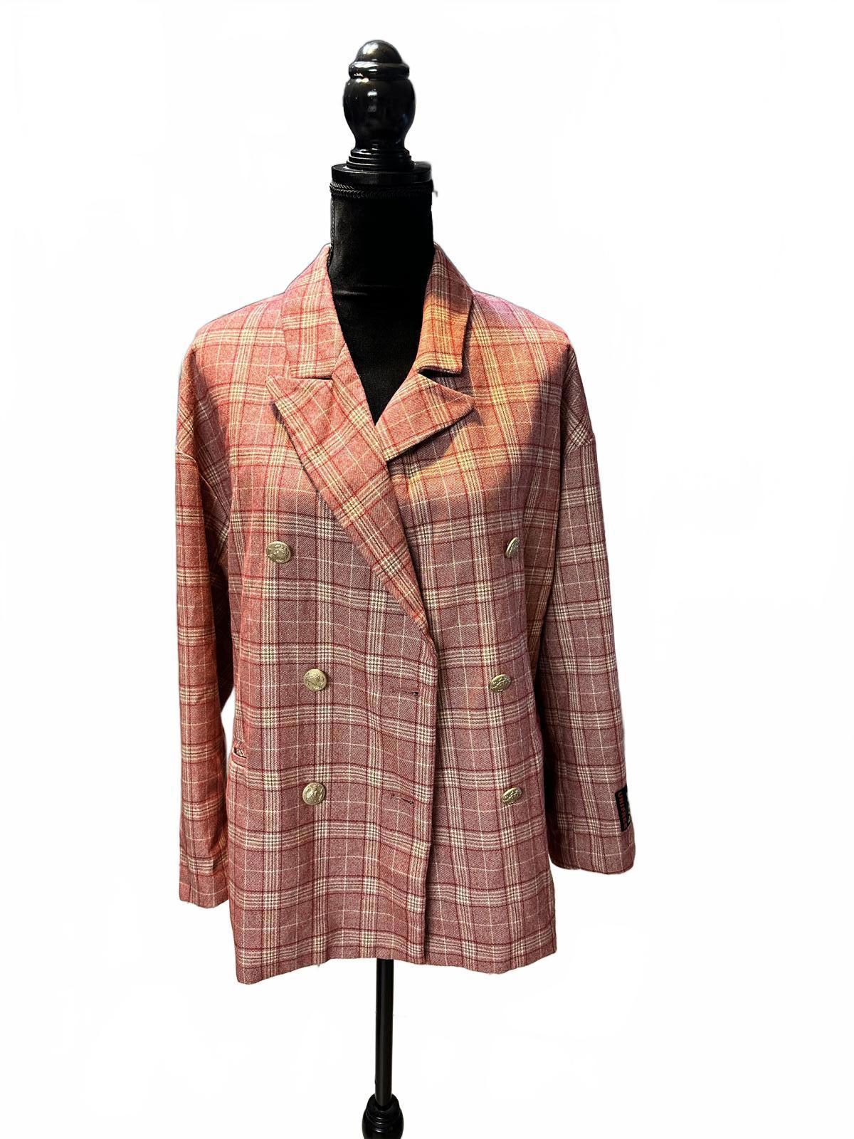 Plaid Double-Breasted Blazer with Back Graphic