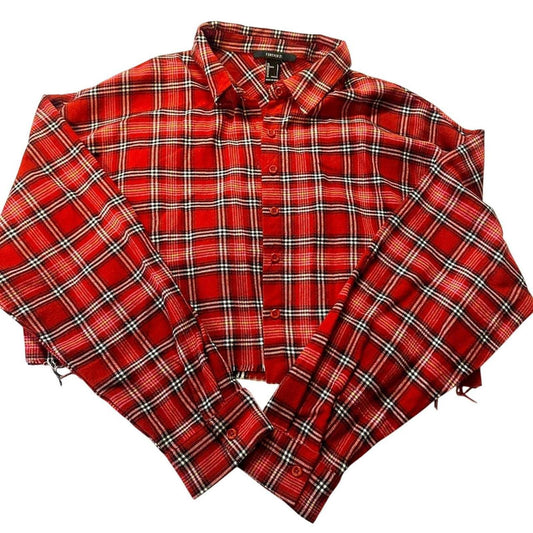Forever 21 Red Plaid Cropped Button-Up Shirt, Size Large