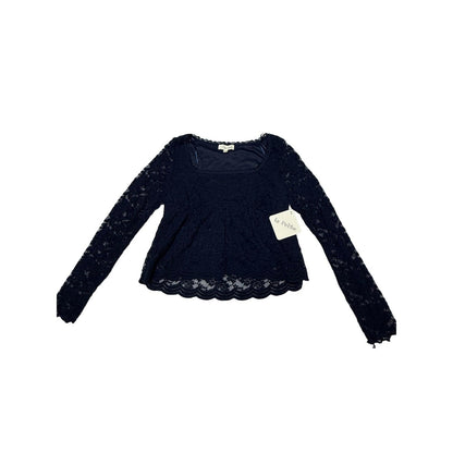 La Peche Black Lace Long Sleeve Peplum Top Women’s Size L Floral Sheer Blouse