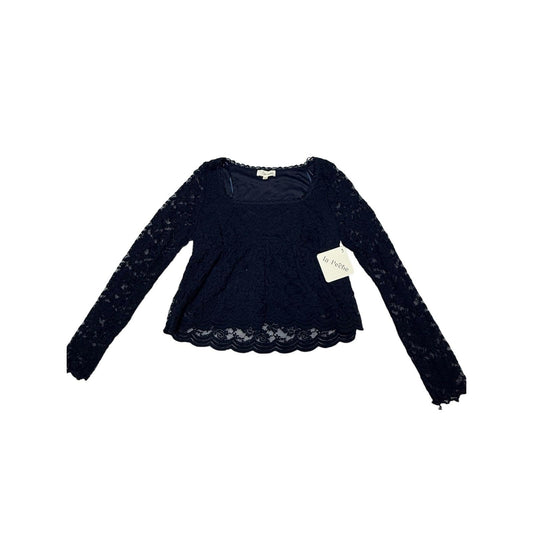 La Peche Black Lace Long Sleeve Peplum Top Women’s Size L Floral Sheer Blouse