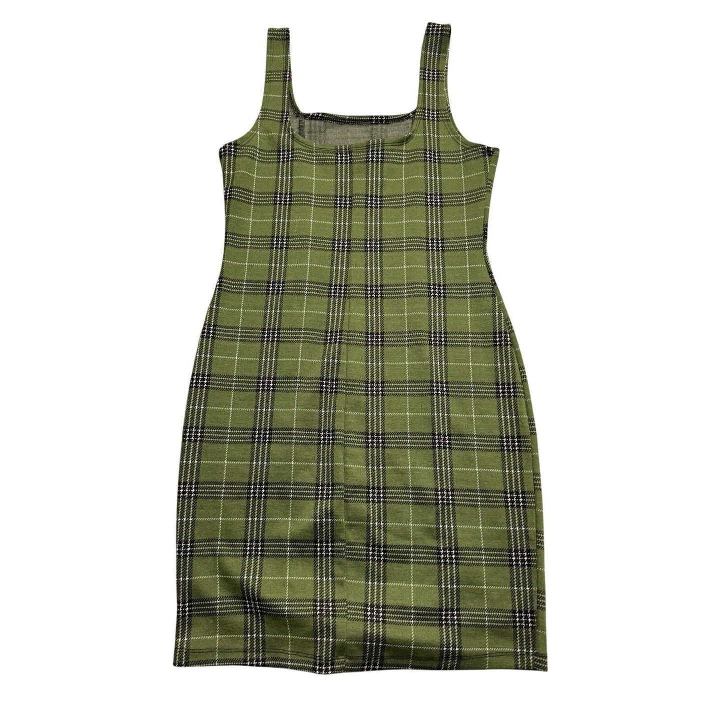 Popular Basics Green Plaid Bodycon Dress Womens Size L Sleeveless Stretch Casual