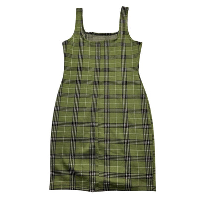 Popular Basics Green Plaid Bodycon Dress Womens Size L Sleeveless Stretch Casual