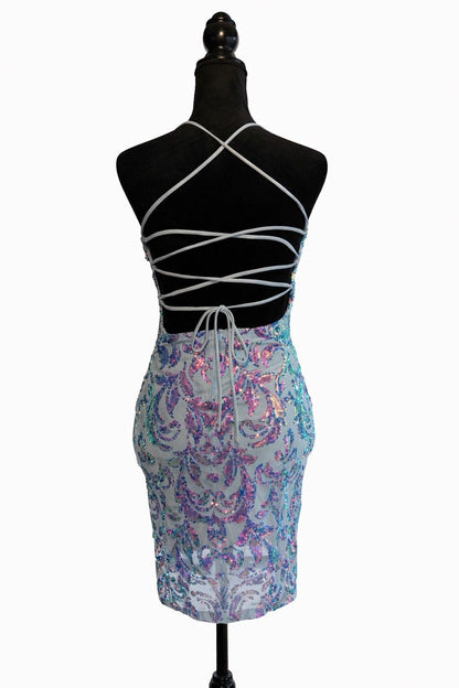 Windsor Sequin Bodycon Mini Dress Womens Light Blue Lace Up Open Back Y2K Size S
