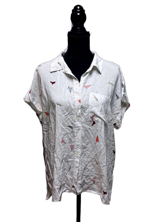 Vintage Bird Print Button Up Shirt White Red Novelty Cottagecore Short Sleeve L