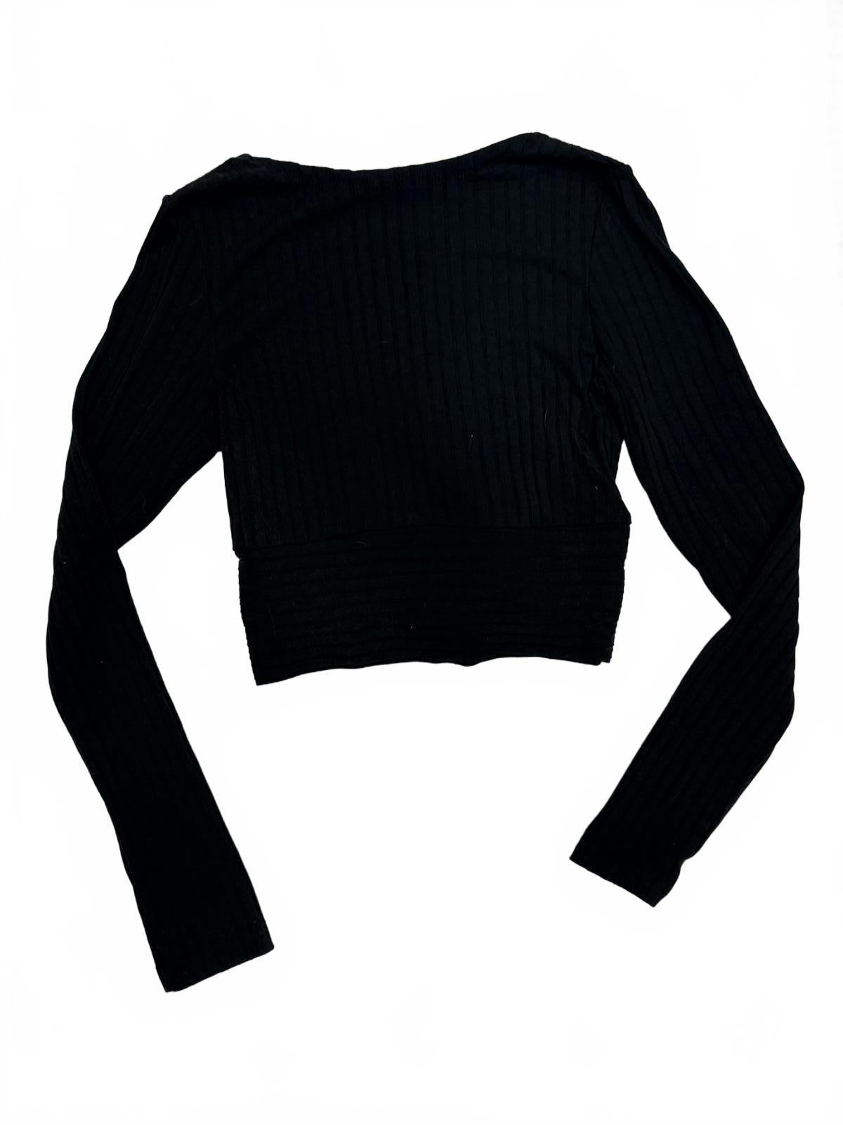 SHEIN Black Ribbed Long Sleeve Crop Top Wrap Front Surplice V-Neck XS Y2K
