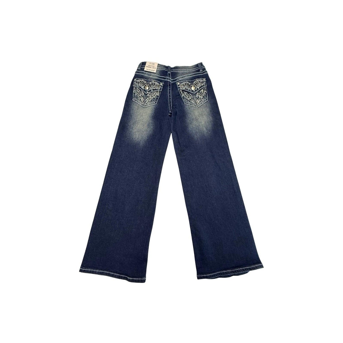 Telepatía Women’s Wide Leg Jeans Size 7/28 Mid Rise Rhinestone Pockets Y2k Style