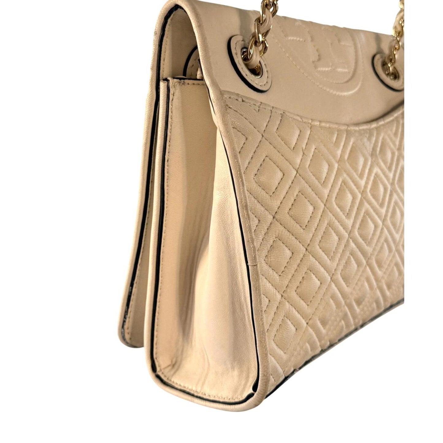 Tory Burch Quilted Leather Chain Shoulder Bag Ivory Cream Crossbody Purse Gold