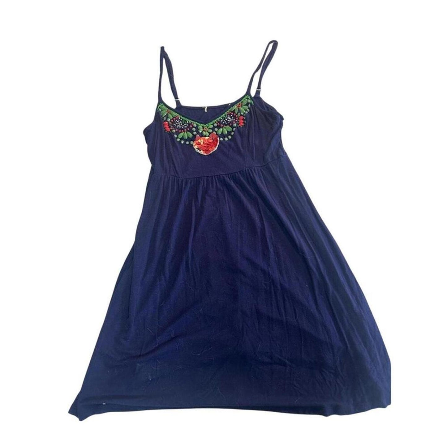 Navy Blue Sleeveless Dress with Colorful Beaded Embellishment