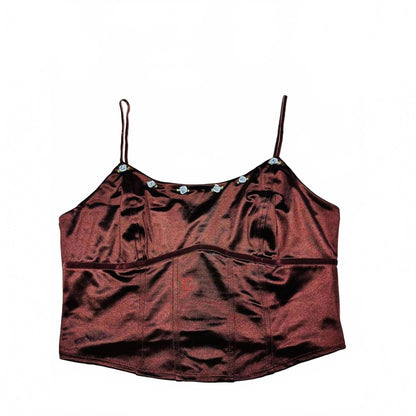 Satin Burgundy Camisole Top with Floral Embellishments