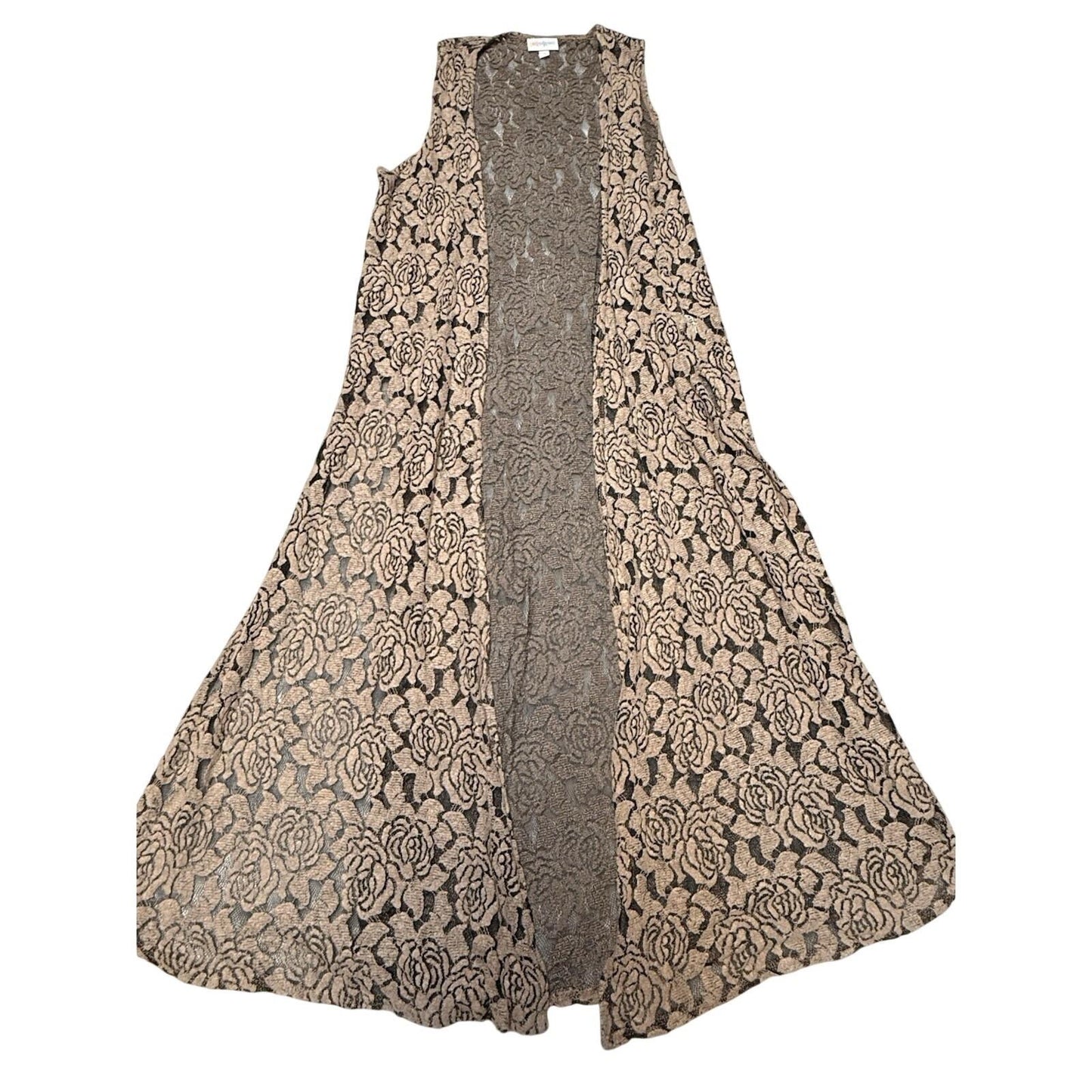 LuLaRoe Women's Lace Duster Vest Size SBrown Floral Sleeveless Open Front
