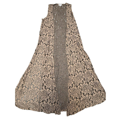 LuLaRoe Women's Lace Duster Vest Size SBrown Floral Sleeveless Open Front