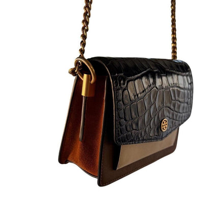 Tory Burch Black Brown Croc Embossed Leather ChainCrossbody Bag Colorblock Purse