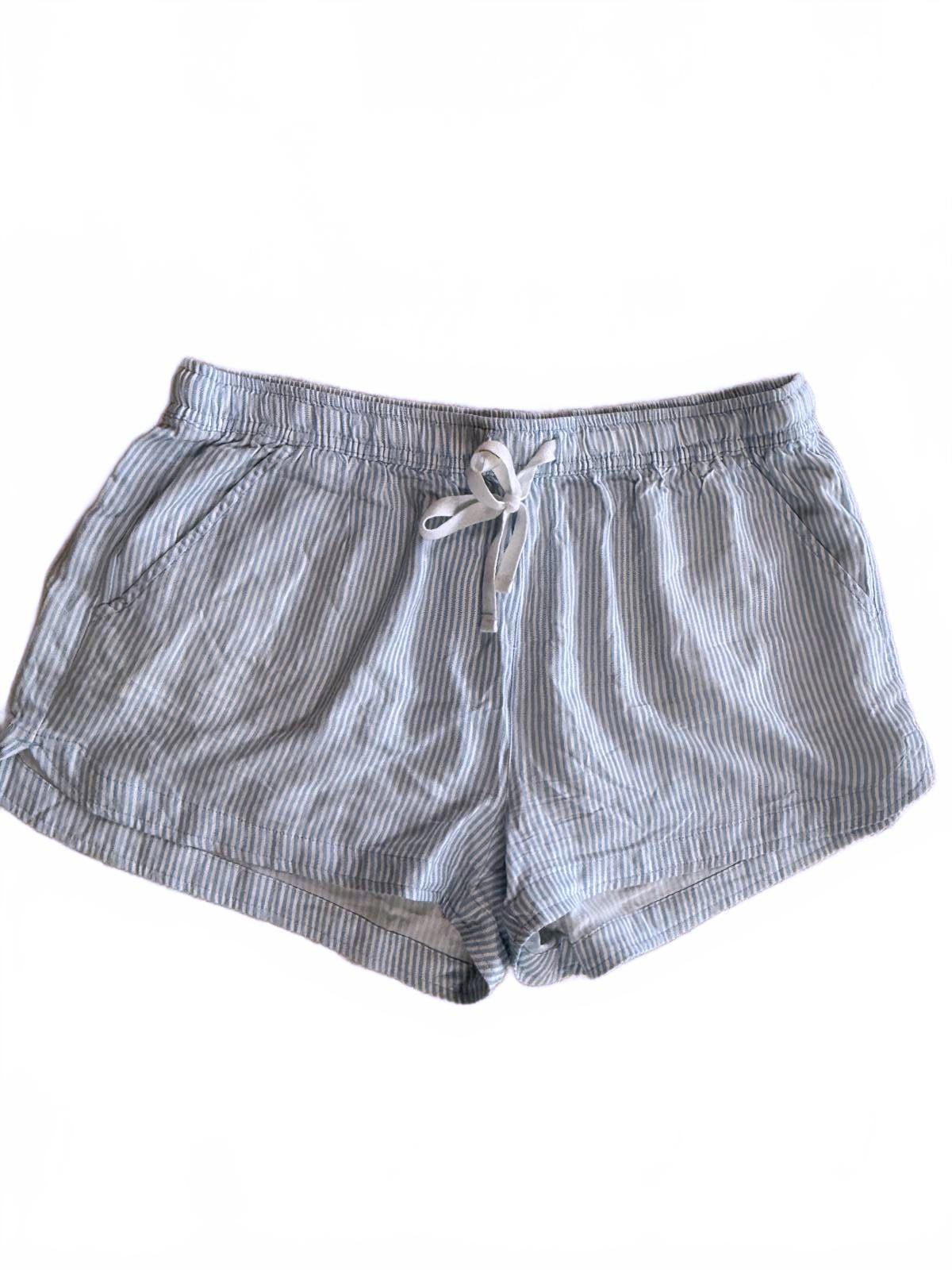 H&M LOGG Blue White Striped Linen Blend Drawstring Shorts Coastal Nautical M
