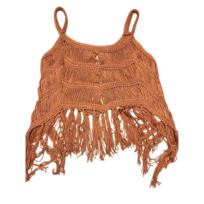 Women’s Crochet Fringe Tank Top Size S Rust Orange Boho Festival Crop Top