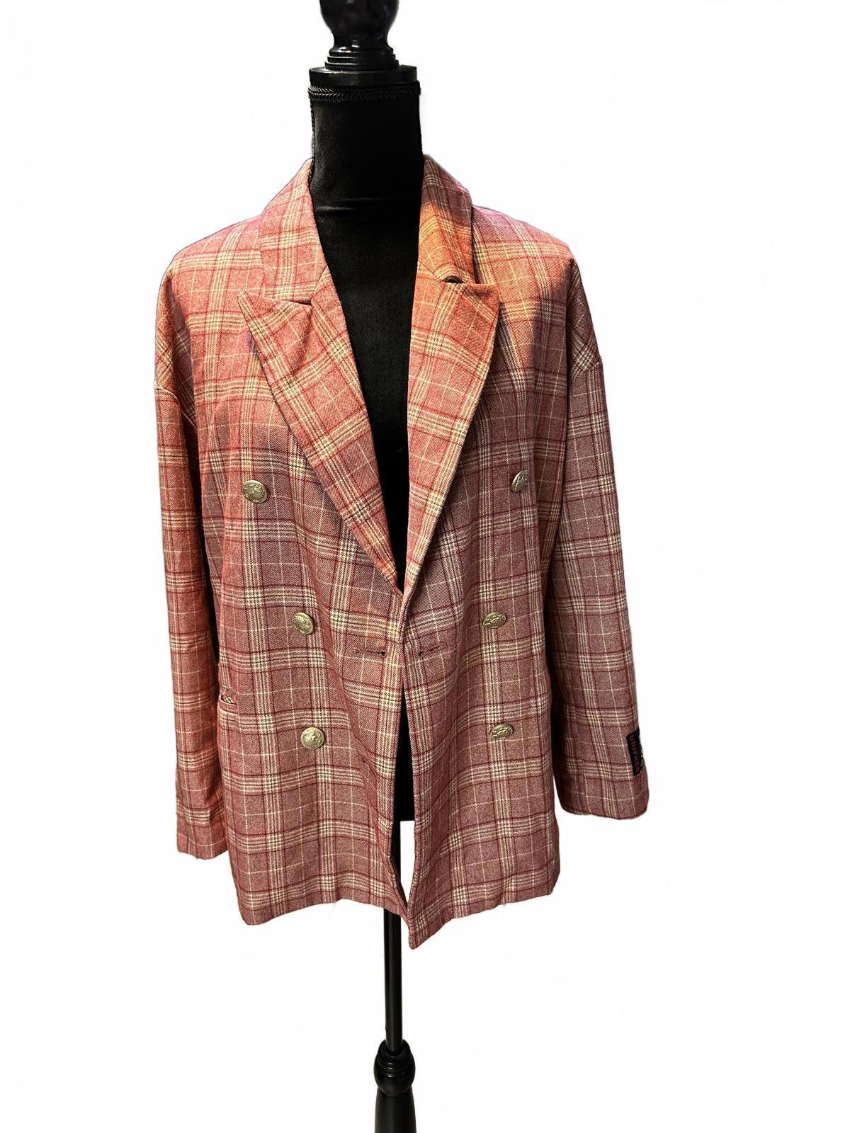 Plaid Double-Breasted Blazer with Back Graphic