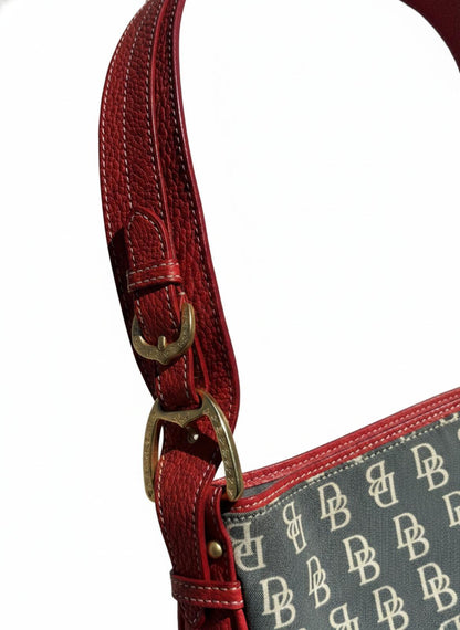 Vintage Dooney & Bourke Signature Monogram Hobo Bag Red Leather Trim Y2K Canvas