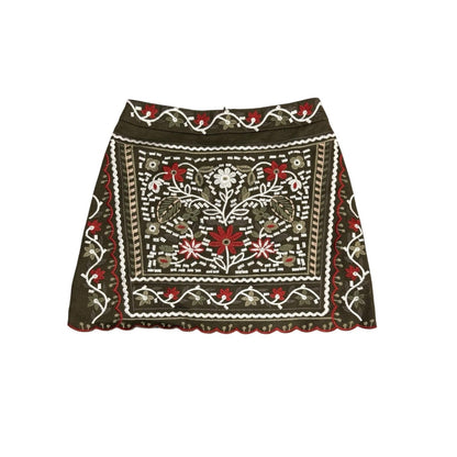 Blue Rain Womens XS Olive Green Embroidered Mini Skirt Boho Floral Folk Women’s