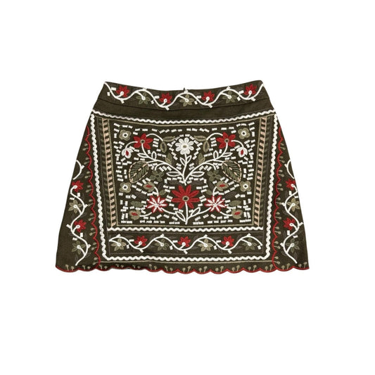 Blue Rain Womens XS Olive Green Embroidered Mini Skirt Boho Floral Folk Women’s