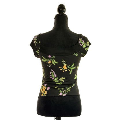 BCBG x Small Floral Black Short Sleeve Top Women's Size XS NWT 100% Polyester